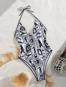 Bonvoyette Traje de baño de una pieza con escote en V profundo, decoración floral y diseño de vacaciones oceánicas, con estampado completo y estilo sexy para el verano - Blanco y Negro - Ver 4