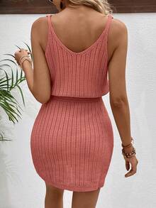 EMERY ROSE Fashionable Versatile Hollow Crochet V-Neck Women Sweater Dress - Pink - View 2