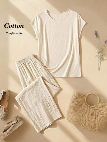 Rusticease Women's Casual Batwing Sleeve Loose Top And Wide Leg Pants 2 Pieces Set, Suitable For Spring, Summer And Autumn, For Daily, Vacation And Commuting Cotton Women's Clothes Cotton Sets For Women Casual Coords Set For Women Outfit For Women Set Casual Comfy Co Ord Sets Women Vacation Outfit Sets Terno For Women Modest Summer Outfits Women Summer Outfits For Women Terno Outfit For Women Pants And Top Womens Summer Two-Piece