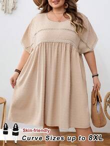 SHEIN CURVE+ Curve 尺码 US22 音乐节、海滨度假、波西米亚瑞士圆点撞色蕾丝蝙蝠袖衬衫 - 杏色 - 查看 9