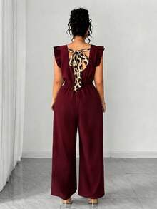 SHEIN Elenzya Mono de mujer con estampado de leopardo, cuello redondo, espalda descubierta, mangas cortas con lazo delantero, para primavera/verano, pantalón ancho y suelto para uso casual, citas o ir al trabajo - Burdeos - Ver 2