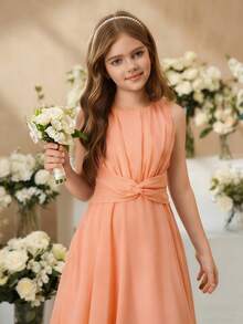 SHEIN 女童优雅紫色无袖中长连衣裙，适合派对、假日、正式场合、婚礼、生日、演出及其他活动 - 橘色 - 查看 6