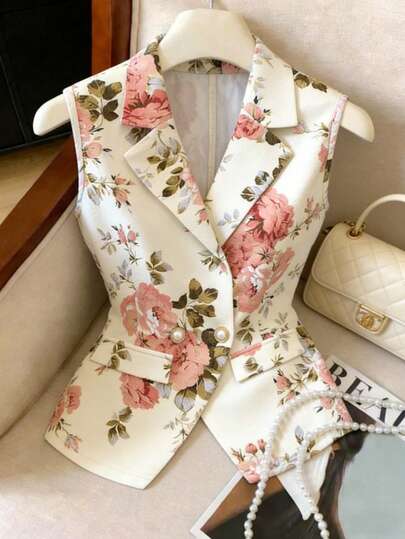 Elenzga Women's Elegant Commuter Floral Print Notched Collar Vest, Summer