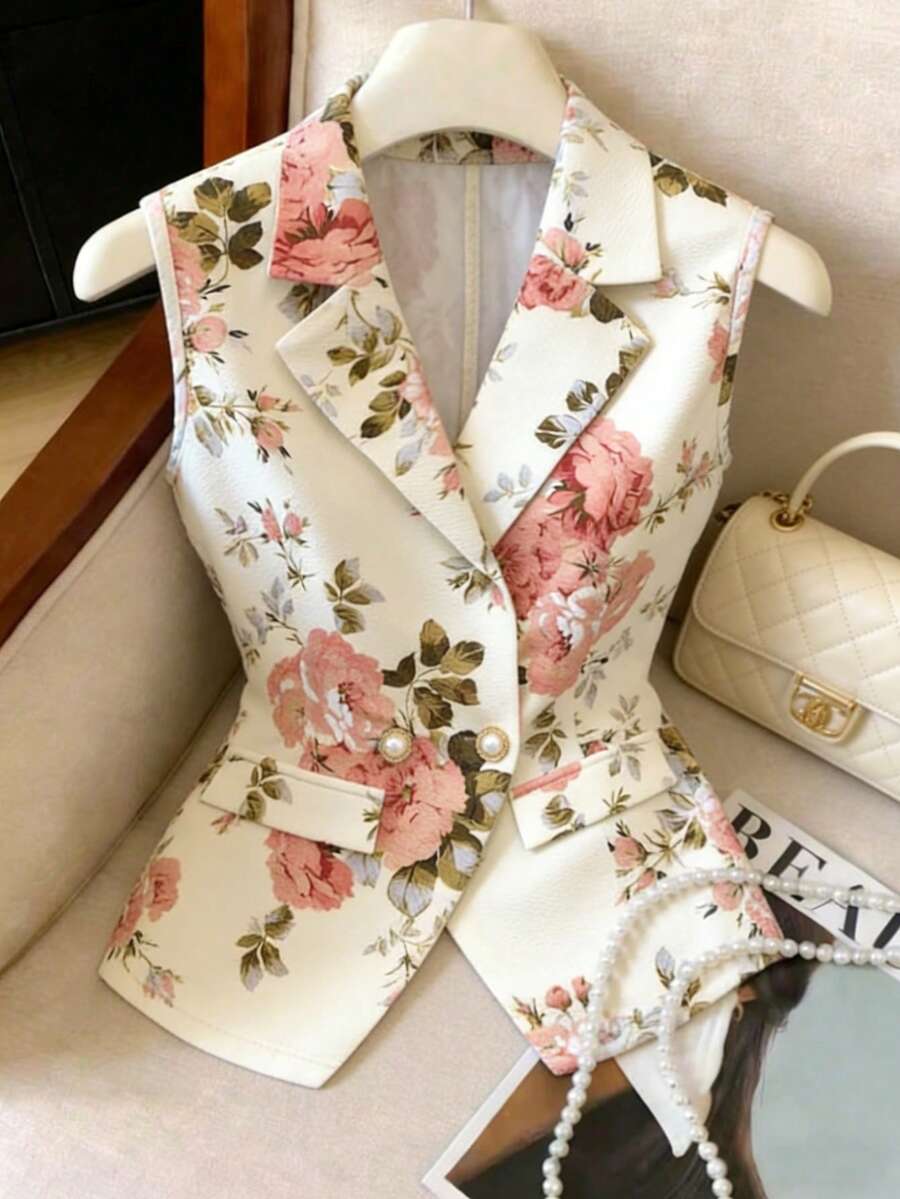 Elenzga 女士优雅通勤印花翻领背心，夏季款 - 彩色 - 查看 1