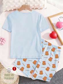 Snug Fit  Teen Girls 2 Pieces Cartoon Capybara Short Sleeve Top And Shorts Pajama Set, Tight Pajamas Summer Suitable Sweet Girly Style Cute And Comfortable 2026 New Resort Atmosphere Relaxed And Comfortable Girl Outfit Set Girls' Children's Clothing  Snug Fit - Blue - View 2