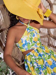 Tween Girls' Tropical Fruit Pattern Cute Lemon & Leaf Print Backless Waist Hollow Long Beach Vacation Dress - Multicolor - View 4