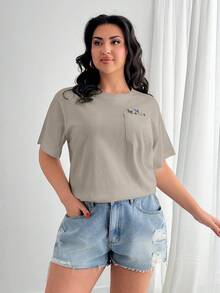 EURMUSE Plus 100%Cotton T-Shirt With Flower Embroidery, Round Collar, Pocket Details - Beige - View 3
