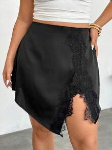 Firerie Plus Size Women Black Elegant Summer Night Contrast Lace Side Slit Hem Fashionable Skirt,Curve Side Split Cover Up Skirts - Black - View 2