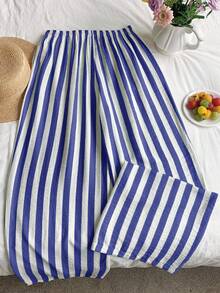 SHEIN EZwear 女士条纹抽绳腰带休闲百搭阔腿裤，适合日常穿着 - 藍白色 - 查看 2