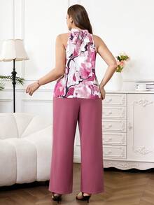 Ellevyn 大码优雅扎染印花露背上衣和裤子两件套，夏季 - 粉色 - 查看 9