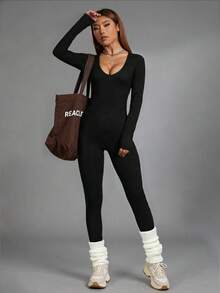 INAWLY Mono unitard unicolor de cuello V - Negro - Ver 1