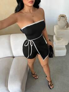 Vavine 黑色和杏色优雅波浪纹抹胸连体衣（女款） - 黑與白 - 查看 1