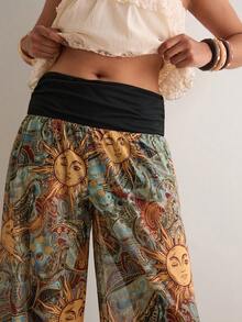 Freevana 大码女式印花休闲百搭抽绳裤 - 杏色 - 查看 6