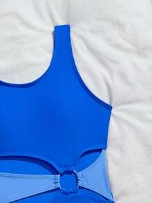 海军蓝和淡蓝色撞色镂空设计少女连体泳衣 - 霧霾藍 - 查看 5