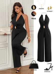 Femmeverse Plus Size Women's Sleeveless V-Neck Sexy Slim Long Jumpsuits - Black - View 4