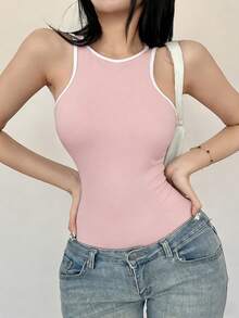 Rafferiza Body de mujer con ribete de contraste, versátil para uso diario, body para adolescentes, tops para mujeres en verano, top de body lindo, tops de body para mujeres, tops de body para damas, top de tank body para mujeres en verano - Rosa - Ver 4