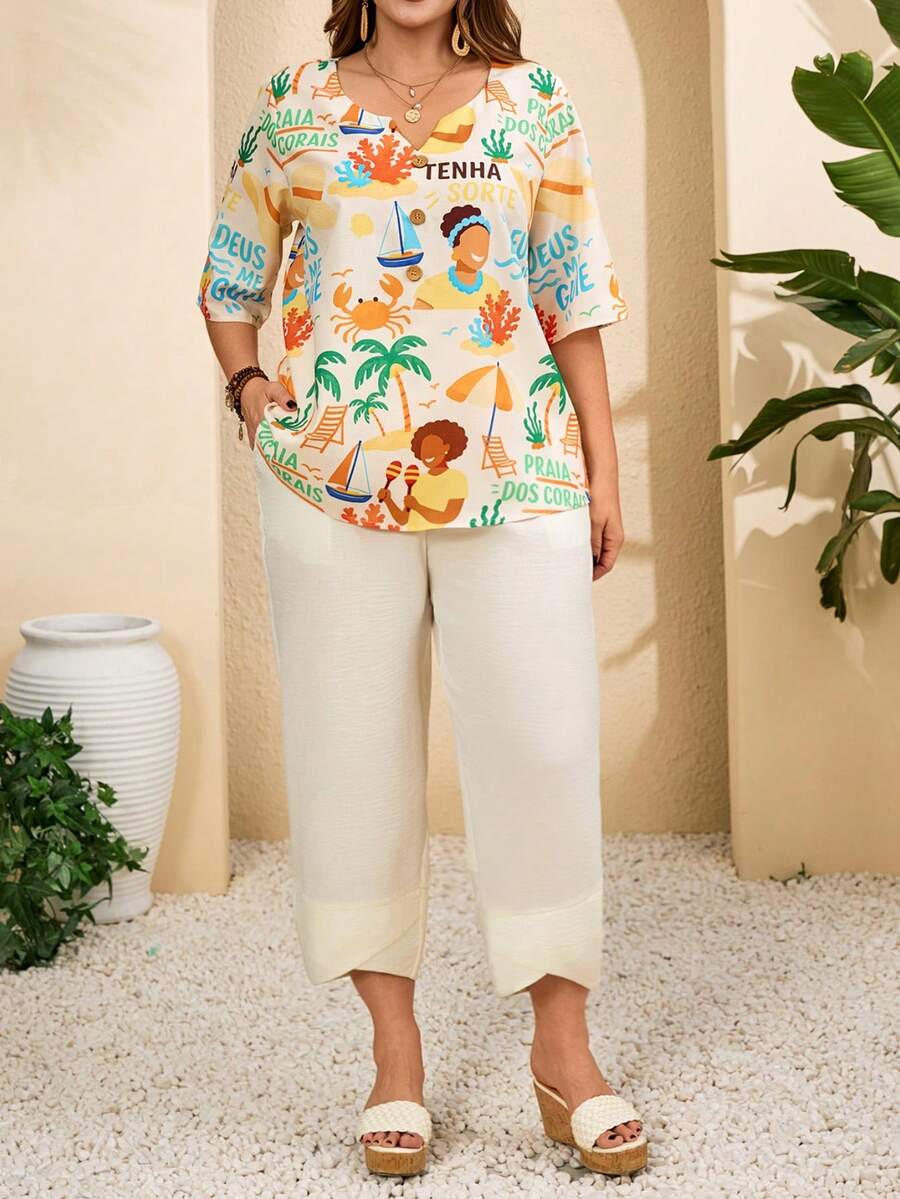 EMERY ROSE Set de 2 piese casual pentru femei, mărime plus, cu imprimeu de palmier și pantaloni, cămașă și pantaloni - Multicolor - Vizualizare 1