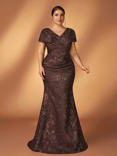 Serin Plus Size Elegant Luxurious Coffee-Colored Jacquard Satin V-Neck Cap Sleeve Mermaid Hem Dress, Suitable For Evening Party, Gala, Wedding, Ceremony, Music Festival, Mother Of The Bride