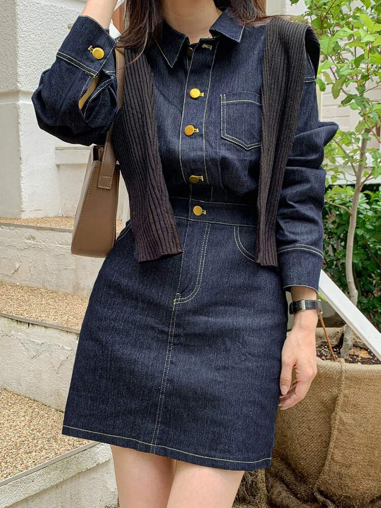 Solid Button Front Denim Dress