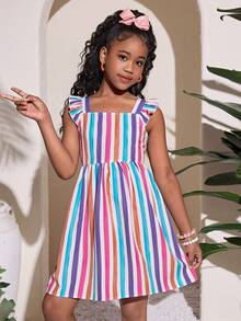 Tween Girl Casual Vacation Tropical Colorful Striped Print Flutter Sleeve Cutout Back Bow Tie Contrast Color Mini Dress - Multicolor - View 2