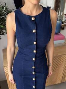 Marta Soriano Women's Summer Single-Breasted Round Neck Sleeveless Casual Denim Dress, Old Money Short Denim Dress Back To School Wedding Guest Dress Women Teacher Outfits For Women Business Casual Woman Dresses For Women Elegant Office Outfits For Women Country Concert Outfit Work Clothes Women Casual Dresses For Woman 2000s Style Airport Outfit For Women Old Money Style Women Fall Dresses Cruise Women Outfits - Dark Wash - View 3