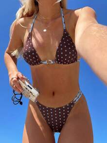 Swim Mod 女士波点印花挂脖系带比基尼两件式泳衣，海滩度假，春夏款 - 彩色 - 查看 1