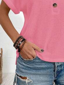 New Fashion Casual Women Knitted Textured V-Neck Short Sleeve T-Shirt - Pink - View 3