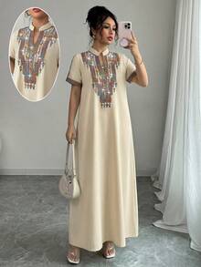 Rafferiza Contrast Color Embroidered Jewel Collar Loose Long Dress For Women - Apricot - View 3