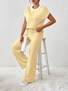 EMERY ROSE 女士撞色宽松休闲抽绳针织两件套 - 黃色 - 查看 7