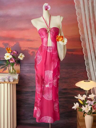 Femesol مجموعة أنيقة من ملابس علوية شفافة مزينة بطبعة فراشة وأوركيد وزخرفة نجمة البحر المعدنية مع تنورة مزينة بالكشكشة، بلون وردي عصري، موسم الصيف 2026