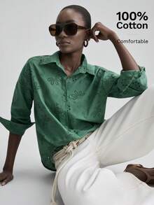 Ontre 女士绿色刺绣长袖衬衫，面料优雅，适合婚礼宾客穿着，简约浪漫的法式风格，奢华都市时尚商务休闲办公装，高品质机场及邮轮时尚之选。 - 綠色 - 查看 2