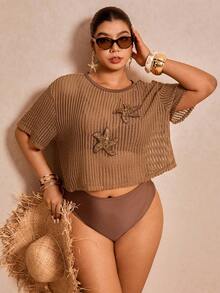 Elaquor Bộ bikini đi biển cỡ lớn với áo khoác ngoài họa tiết sao biển, trang phục nghỉ mát mùa xuân/hè thanh lịch dành cho phụ nữ, đồ bơi cỡ lớn cho nữ. - Lạc đà - Xem 1