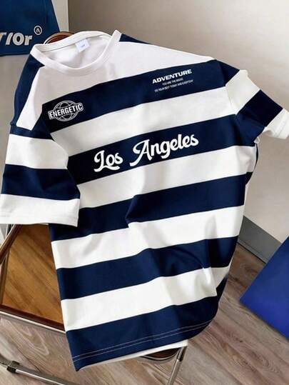 SHEIN Teens/Youth Boys' Casual Striped Los Angeles & Lucky Print Round Neck T-Shirt, Spring/Summer