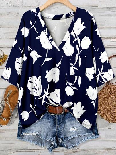 SHEIN LUNE 休闲印花宽松T恤，适合大码女装，夏季穿着