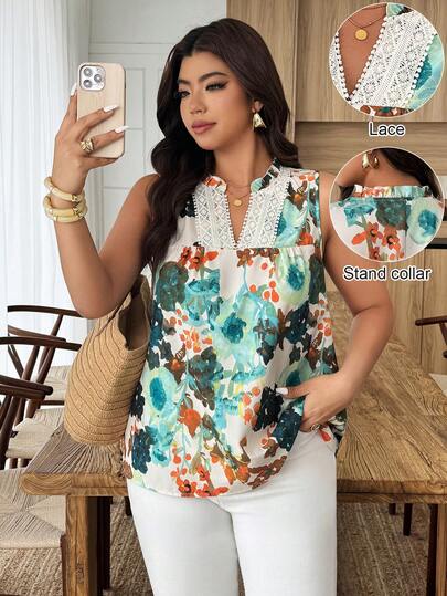 Weeklong Mouwloze top met bloemenprint en ruches aan de zoom, geschikt voor vakantie, vrije tijd en dagelijks gebruik, lente/zomer