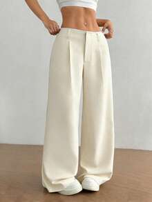 SHEIN Unity Casual Women's Beige Extra Long Straight Leg Woven Pants With Zipper Detail - Beige - View 3