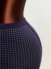 BamGleam Bộ đồ hai mảnh gợi cảm dành cho nữ, thích hợp dự tiệc hộp đêm, gồm áo croptop và chân váy ngắn đính đá màu trơn, kiểu dáng mùa hè. - Màu xanh hải quân - Xem 4