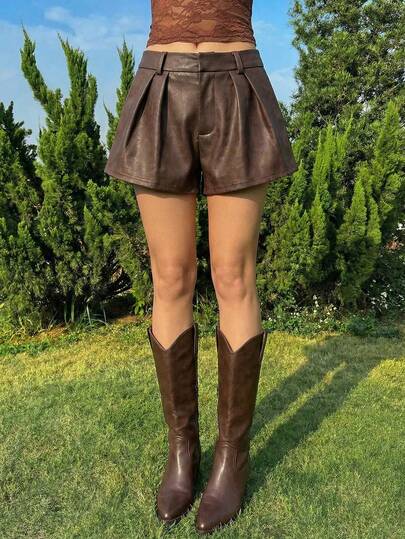 SHEIN MOD 女士复古棕色哑光纹理PU皮革褶皱短裤