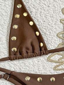 Oceva 2026 New Women's 2pcs Backless Tie Rhinestone Studded Bikini Sets,Coffee Brown,Summer,Beach,Holiday,Rave,Holiday Solid Color Separates Swimwear - Brown - View 4