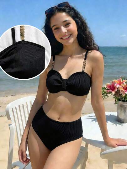Teen Girls Bikini Sets, Black Solid Color, Knit Fabric, Bandeau Design With Adjustable Straps And Chain Decor, Fashionable & Elegant, Suitable For Swimming, Summer Vacation, Beach, Pool, Holiday Party