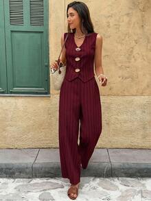 Serisse 女士条纹金属单排扣背心和裤子休闲两件套 - 酒紅色 - 查看 4