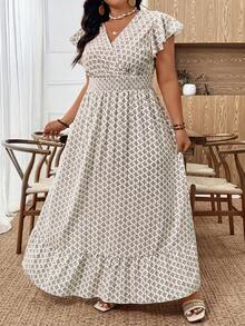 SHEIN CURVE+ Vestido Longo Elástico de Manga Curta com Babados Franzidos, Estampa Floral, Estilo Casual Elegante para Trabalho e Férias, Bestseller de Moda Feminina Versátil e Confortável, Branco, Plus Size - Damasco - Visão 6