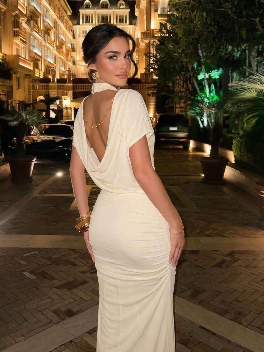 Lumalex 女士纯色露背褶皱修身优雅连衣裙