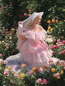 Lyrianda 大码露肩荷叶边腰身A字蛋糕裙，优雅复古可爱，适合派对、婚礼，欧根纱蓬蓬长裙，长款，超长款，A字裙，粉色 - 粉色 - 查看 4