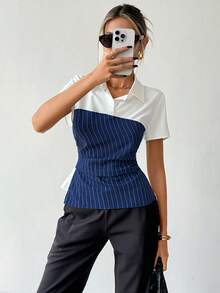 SHEIN 女士条纹拼接修身休闲日常短袖衬衫 - 藏蓝色 - 查看 4