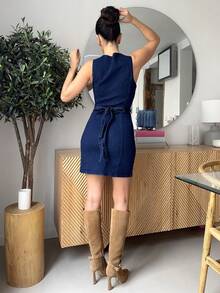 Marta Soriano Women's Summer Single-Breasted Round Neck Sleeveless Casual Denim Dress, Old Money Short Denim Dress Back To School Wedding Guest Dress Women Teacher Outfits For Women Business Casual Woman Dresses For Women Elegant Office Outfits For Women Country Concert Outfit Work Clothes Women Casual Dresses For Woman 2000s Style Airport Outfit For Women Old Money Style Women Fall Dresses Cruise Women Outfits - Dark Wash - View 2