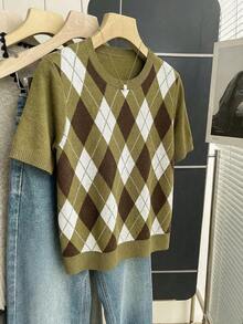 Franclia 新款春夏复古学院风撞色格纹针织套头毛衣（女款） - 橄欖綠 - 查看 6