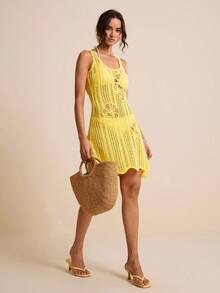 LOTSLUV Women's Yellow Round Neck Sleeveless Crochet Slip Dress, Spring/Summer - Yellow - View 7