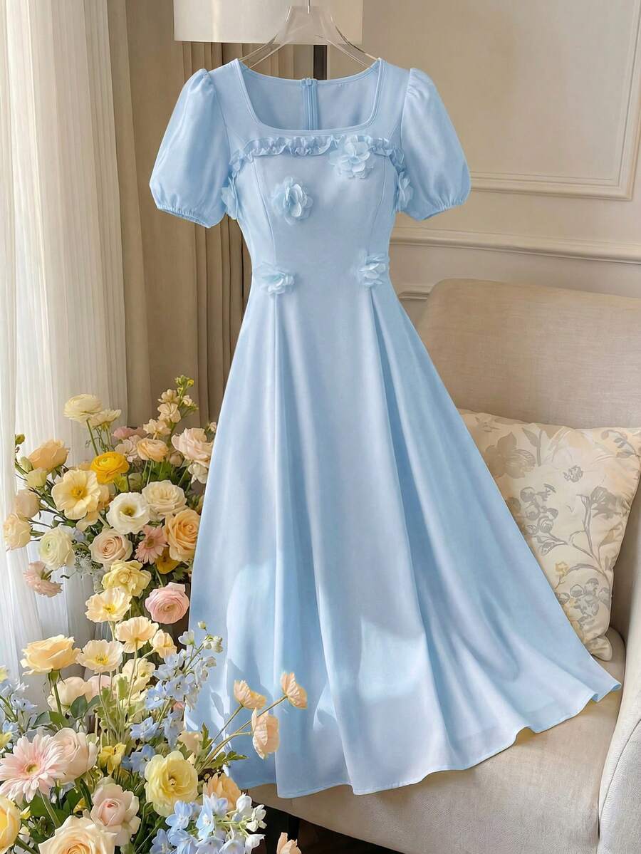 Selianne 女款優雅方領花卉刺繡泡泡袖A字中長洋裝,適合外出、約會、宴會、野餐,黃色,春夏款 - 藍色 - 查看 1