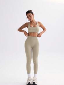 Easithlete Easithlete 2件組女款素色後綁帶細肩帶上衣與緊身褲運動套裝，米色夏季性感健身休閒運動瑜伽服 - 奶油白 - 查看 5